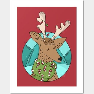 Cute Christmas Deer Illustration with Candy Cane Scarf Posters and Art